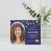 Blauw gouden sterren foto afstuderen partij uitnod (Staand voorkant)