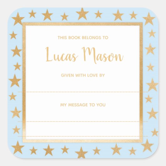 Blauw gouden sterren jongen baby shower boekenplaa vierkante sticker (Voorkant)
