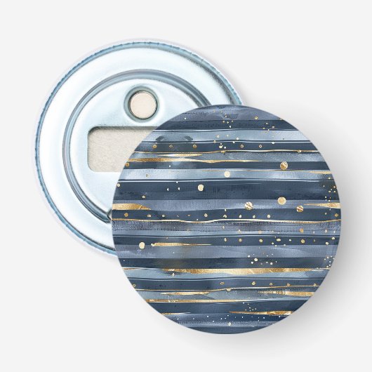 Blauw Gouden Strepen Stippen Dromen   Button Flesopener (Voorkant)