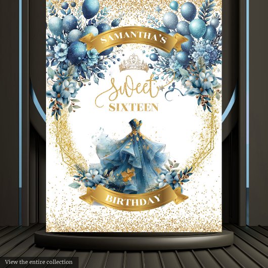 Blauw Gouden Sweet Sixteen Waterverf Jurk Feestje Wandkleed