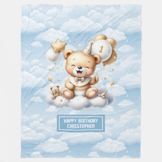 Blauw gouden teddybeer met nummer 1 verjaardag fleece deken (Voorkant)