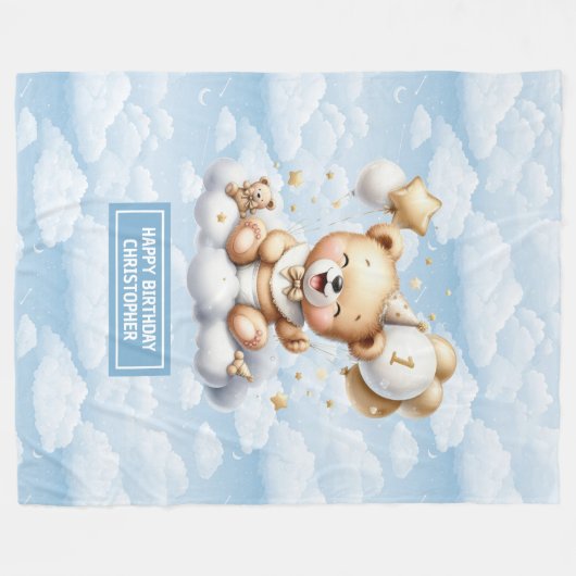 Blauw gouden teddybeer met nummer 1 verjaardag fleece deken (Voorkant (Horizontaal))