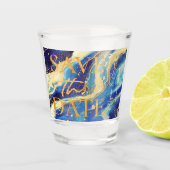 Blauw Gouden Trouwstrand Grappig Bewaar de Datum Shot Glas (Voorkant)