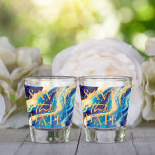 Blauw Gouden Trouwstrand Grappig Bewaar de Datum Shot Glas
