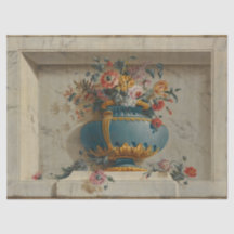 Blauw/Gouden Urn met Bloemen Weefseldocument