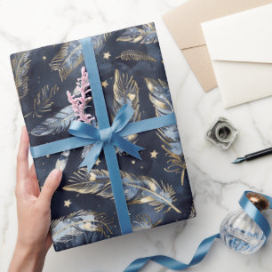 Blauw Gouden Veren Sterren Bruidscadeaufeest Cadeaupapier
