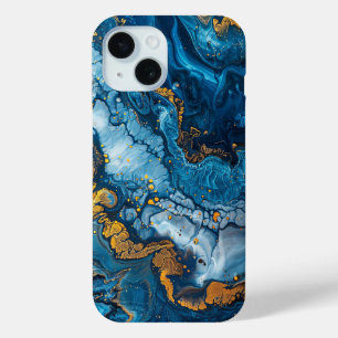 Blauw Gouden Verf Giet Abstracte Vloeibare Estheti iPhone 15 Case