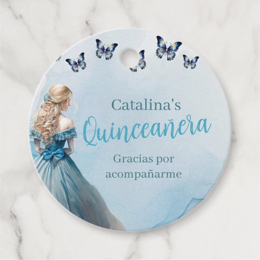 Blauw Gouden Vlinder Prinses Quinceañera Bedankjes Labels (Voorkant)
