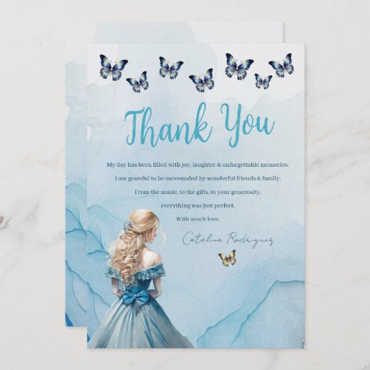 Blauw Gouden Vlinder Prinses Quinceañera Bedankkaart (Voorkant / Achterkant)