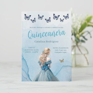 Blauw Gouden Vlinder Prinses Quinceañera Kaart
