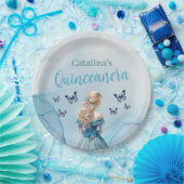 Blauw Gouden Vlinder Prinses Quinceañera Papieren Bordje (Feest)