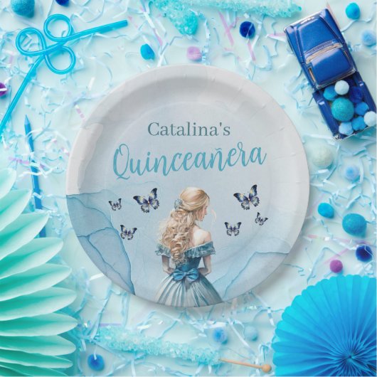 Blauw Gouden Vlinder Prinses Quinceañera Papieren Bordje (Feest)