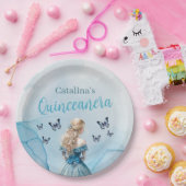 Blauw Gouden Vlinder Prinses Quinceañera Papieren Bordje (Feest)