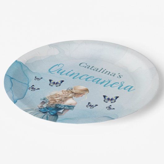 Blauw Gouden Vlinder Prinses Quinceañera Papieren Bordje (Gekanteld)