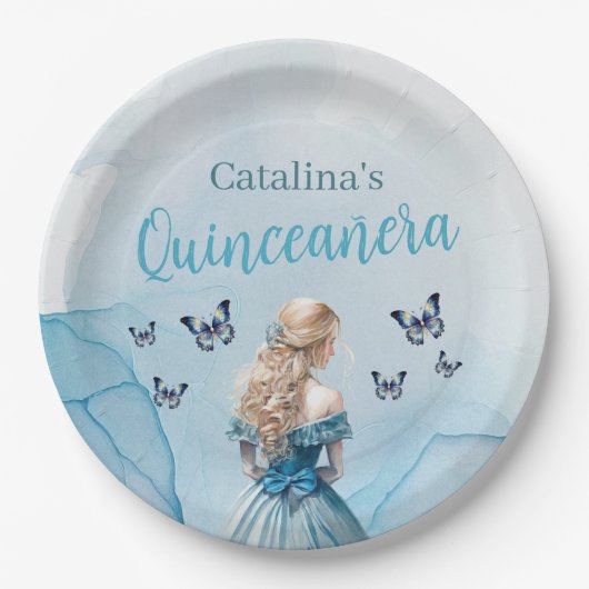 Blauw Gouden Vlinder Prinses Quinceañera Papieren Bordje (Voorkant)