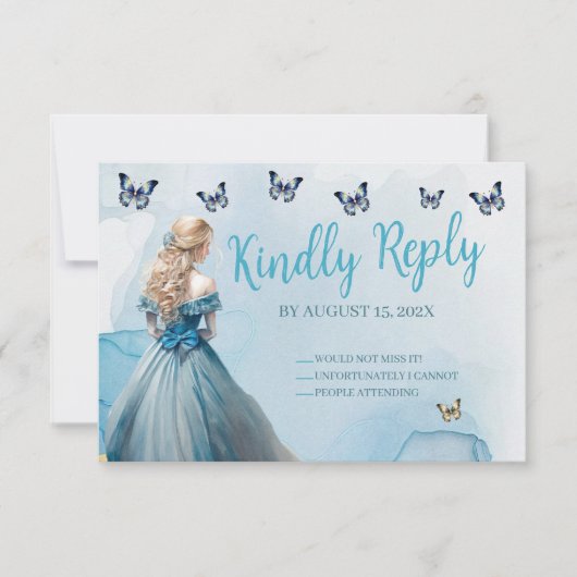 Blauw Gouden Vlinder Prinses Quinceañera RSVP (Voorkant)