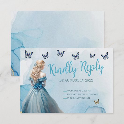 Blauw Gouden Vlinder Prinses Quinceañera RSVP (Voorkant / Achterkant)