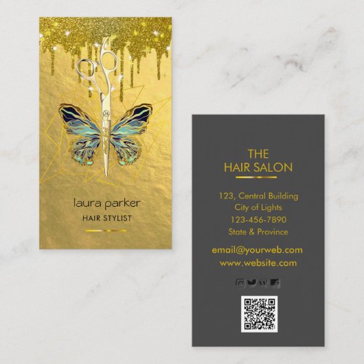 Blauw Gouden Vlinder Schaar Haar Stylist Salon Visitekaartje (Voorkant / Achterkant)