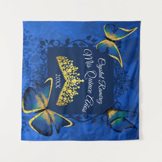 Blauw Gouden Vlinder, Tiara Quinceanera Achterdrup Wandkleed (Voorkant (horizontaal))