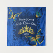 Blauw Gouden Vlinder, Tiara Quinceanera Achterdrup Wandkleed (Voorkant)