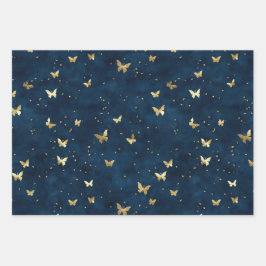 Blauw Gouden Vlinders Bloemen Bruidscadeau Inpakpapier Vel