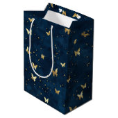 Blauw Gouden Vlinders Bruidsfeest Medium Cadeauzakje (Achterkant Gekanteld)