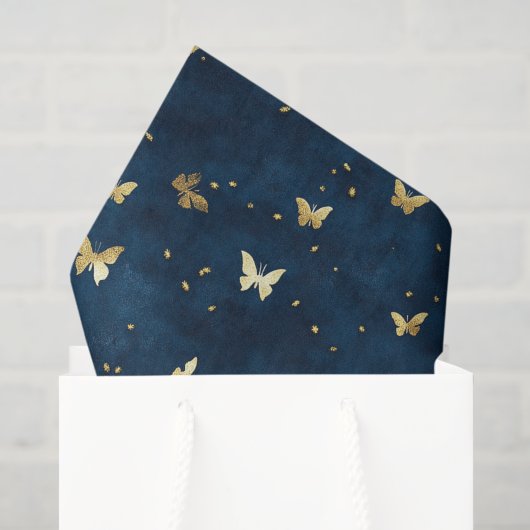 Blauw Gouden Vlinders Bruiloft Tissuepapier (Cadeauzakje)
