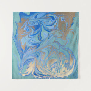 Blauw Gouden Vloeibare Waterverf Textuur Wandkleed