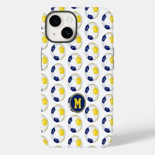 blauw gouden voetbal patronen met monogram iPhone 14 hoesje