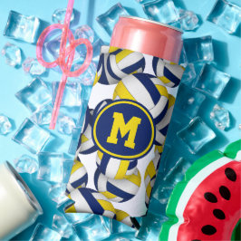 Blauw gouden volleyballen patroon sport monogram seltzer blikjeskoeler