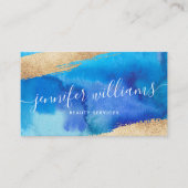 Blauw + gouden Waterverf Abstract Moderne kalligra Visitekaartje (Voorkant)