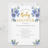 Blauw Gouden Waterverf Bloemen Baby Shower Kaart (Voorkant)