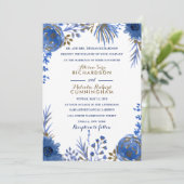 Blauw Gouden Waterverf Bloemen Huwelijksuitnodigin Kaart (Staand voorkant)
