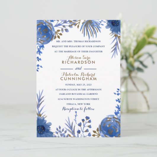 Blauw Gouden Waterverf Bloemen Huwelijksuitnodigin Kaart (Staand voorkant)