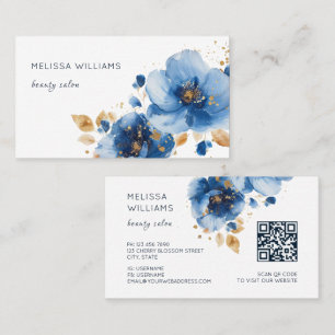 Blauw Gouden Waterverf Bloemen Visitekaartje