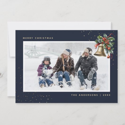 Blauw Gouden Waterverf Holly Bell Foto Feestdagenkaart (Voorkant)