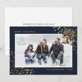 Blauw Gouden Waterverf Holly Bell Foto Feestdagenkaart (Voorkant / Achterkant)