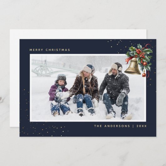 Blauw Gouden Waterverf Holly Bell Foto Feestdagenkaart (Voorkant / Achterkant)