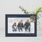 Blauw Gouden Waterverf Holly Bell Foto Feestdagenkaart (Staand voorkant)