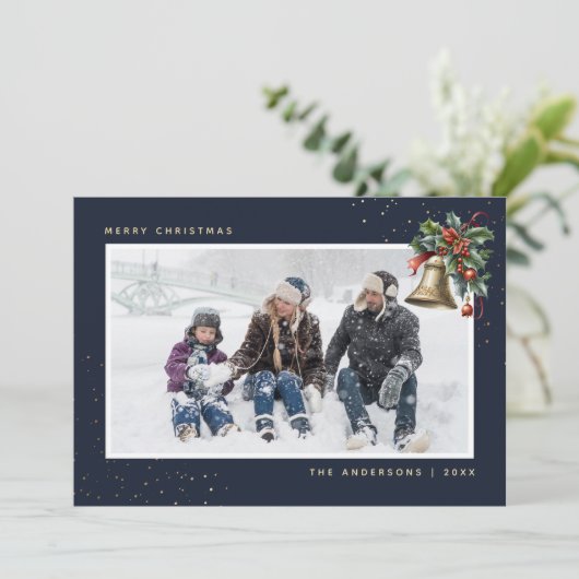 Blauw Gouden Waterverf Holly Bell Foto Feestdagenkaart (Staand voorkant)