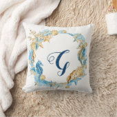 Blauw & Gouden Waterverf onder het Zee Monogram Kussen (Deken)