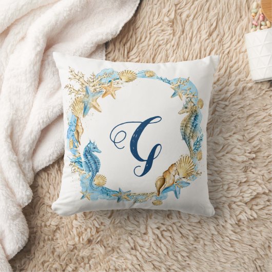 Blauw & Gouden Waterverf onder het Zee Monogram Kussen (Deken)
