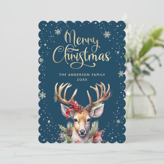 Blauw Gouden Waterverf Rendier Sneeuw Kerstkaart (Staand voorkant)