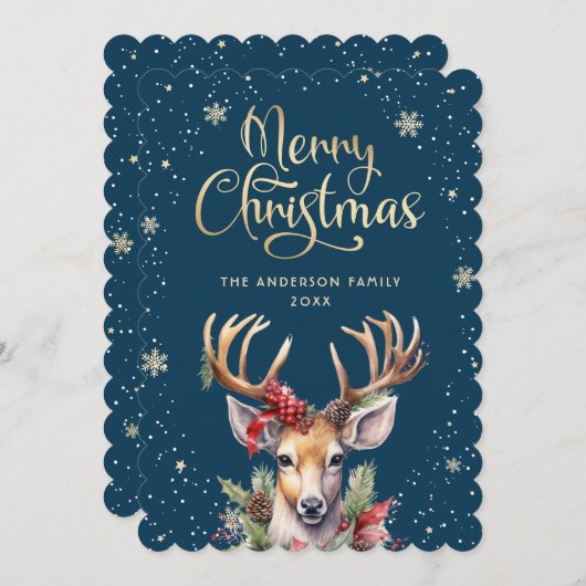 Blauw Gouden Waterverf Rendier Sneeuw Kerstkaart (Voorkant / Achterkant)