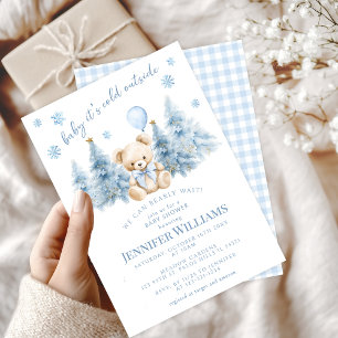 Blauw Gouden Winter Bomen Teddy Bear Baby Boy Show Kaart