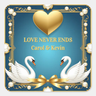 Blauw Gouden Zwaan Huwelijksnaam Bord Cadeau 💍 Vierkante Sticker