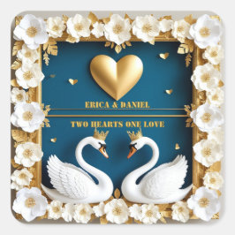 Blauw Gouden Zwanen Koppel Trouwthema 💍 Vierkante Sticker