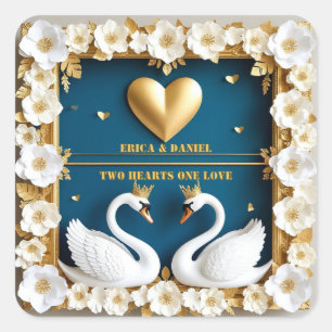 Blauw Gouden Zwanen Koppel Trouwthema 💍 Vierkante Sticker