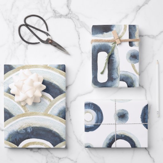 Blauw goudgemarmerd waterverf patroon inpakpapier vel (Voorkant)