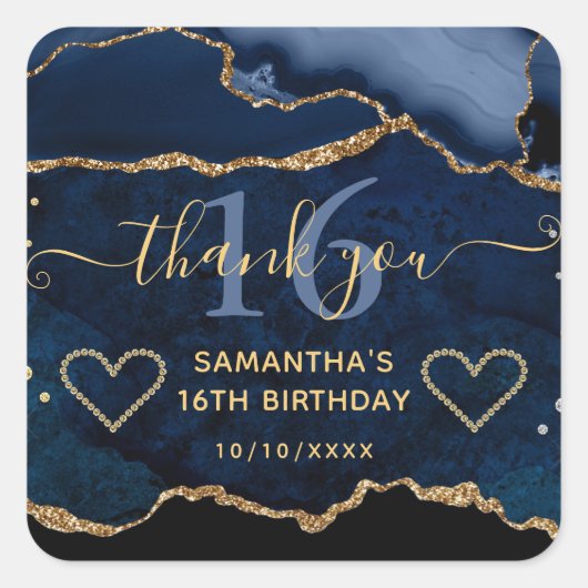 Blauw & goudglitter Agate Marble Sweet 16 Vierkante Sticker (Voorkant)